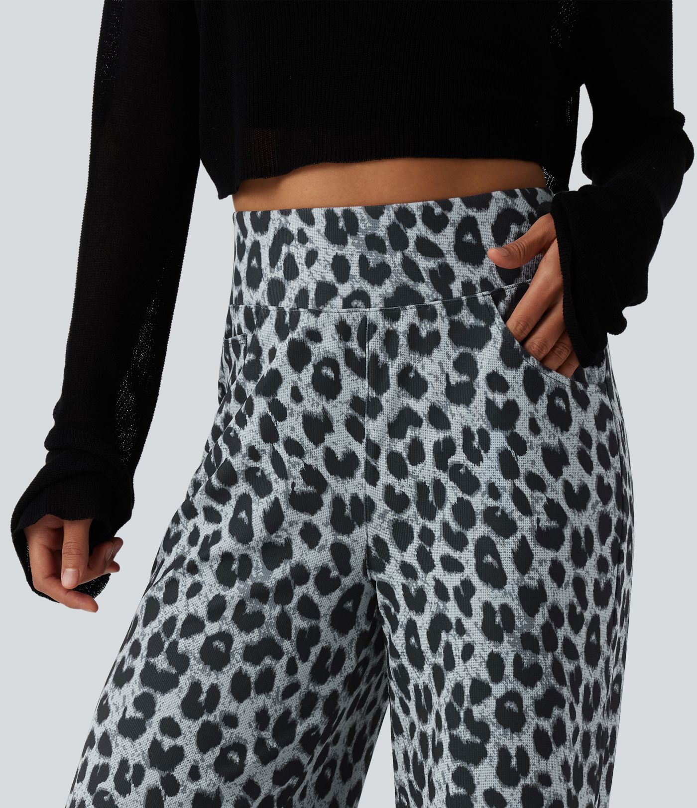 High Waisted Leopard Waffle Casual Baggy Pants with Pockets