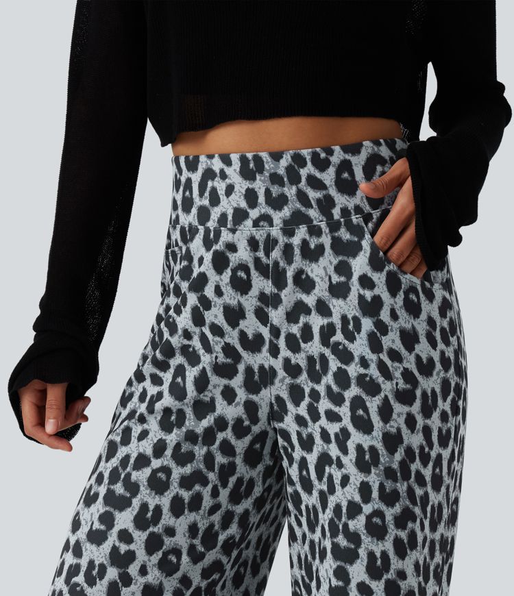 High Waisted Leopard Waffle Casual Baggy Pants with Pockets