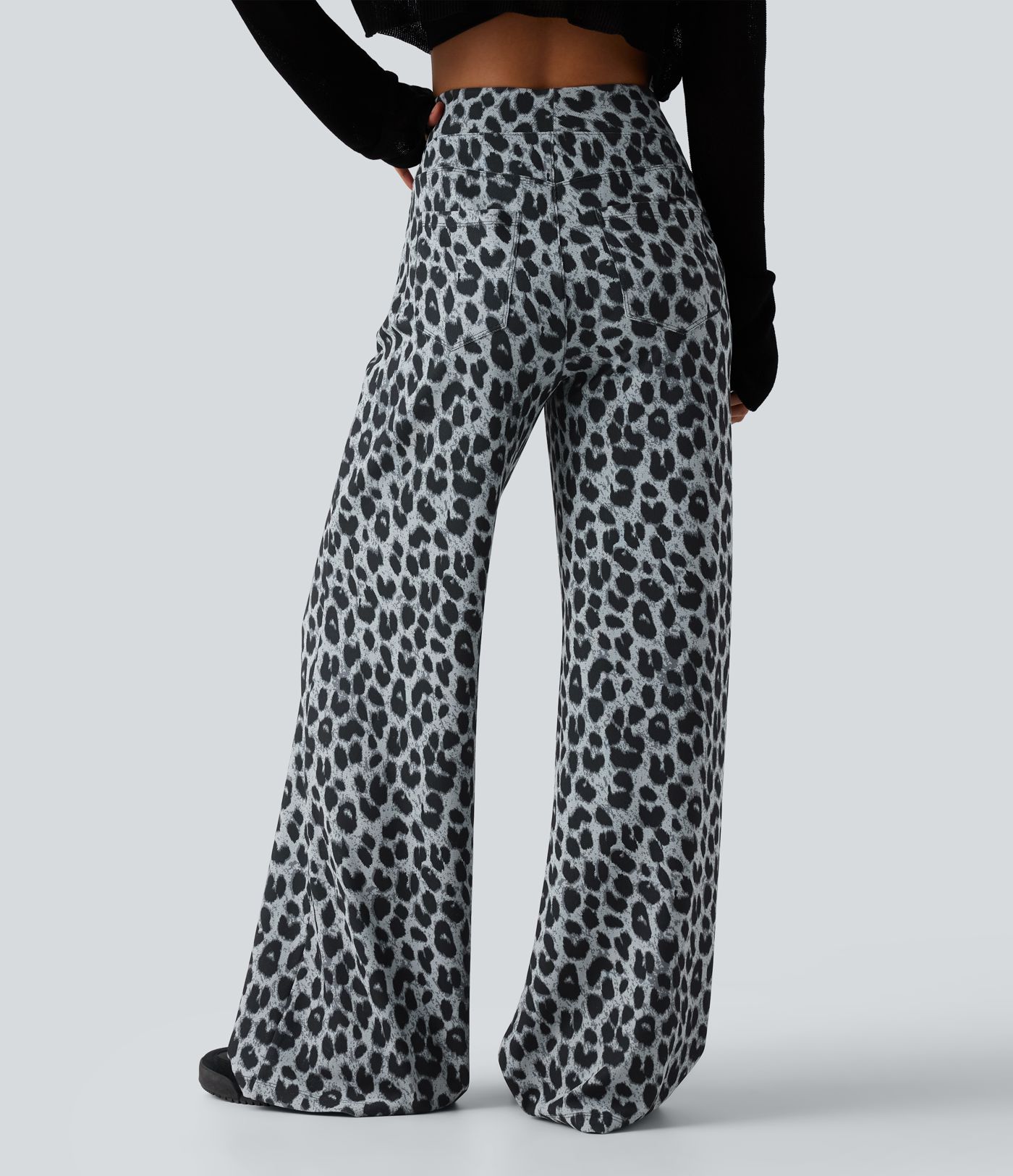 High Waisted Leopard Waffle Casual Baggy Pants with Pockets