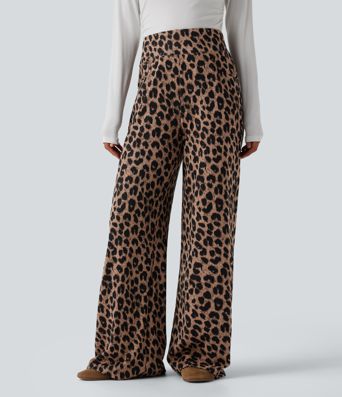 High Waisted Leopard Waffle Casual Baggy Pants with Pockets
