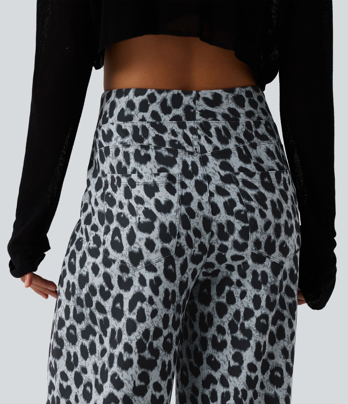 High Waisted Leopard Waffle Casual Baggy Pants with Pockets