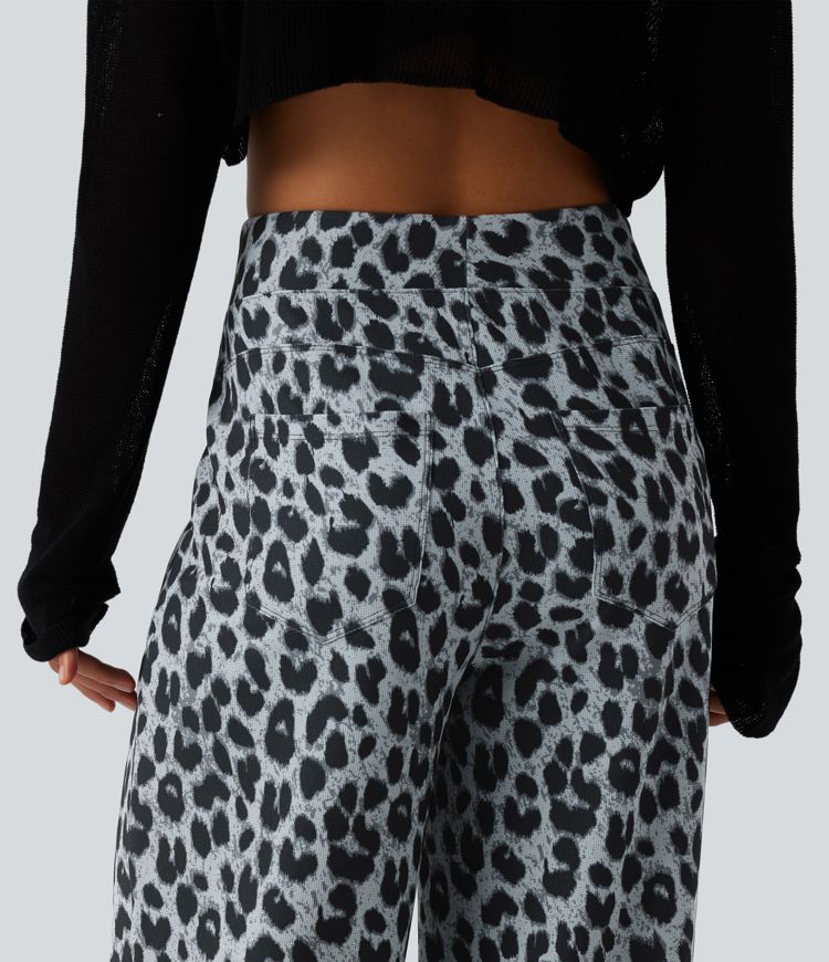High Waisted Leopard Waffle Casual Baggy Pants with Pockets