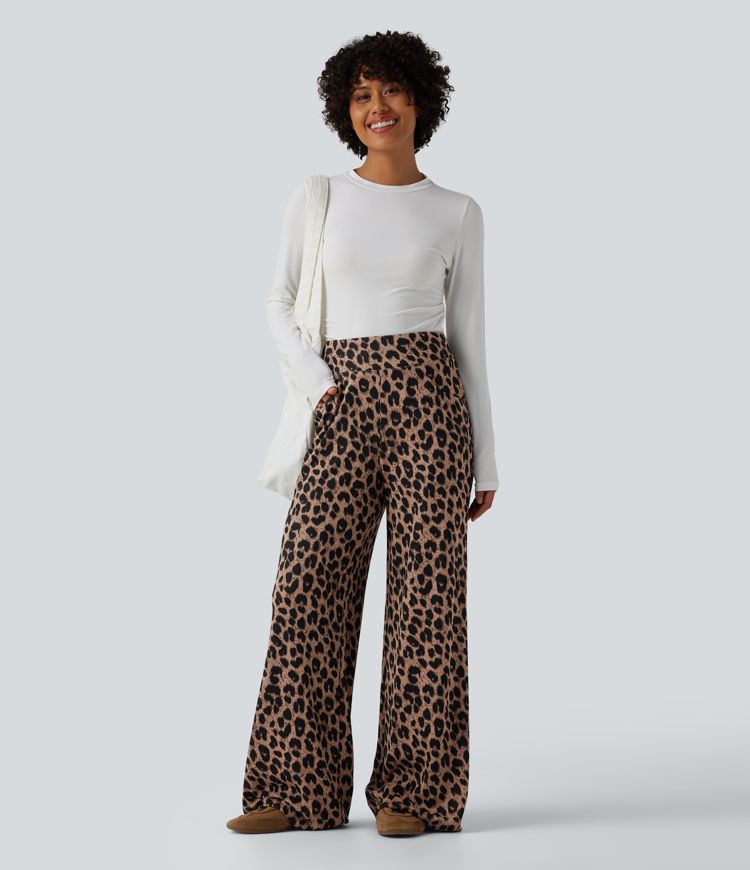 High Waisted Leopard Waffle Casual Baggy Pants with Pockets