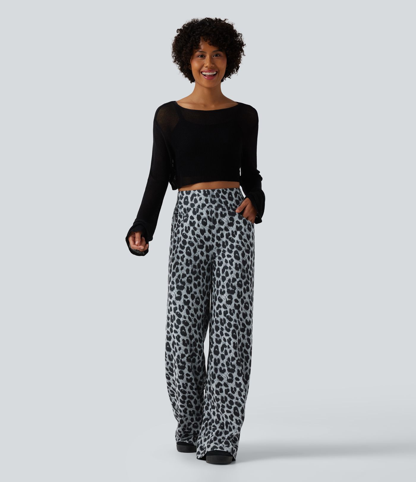 High Waisted Leopard Waffle Casual Baggy Pants with Pockets