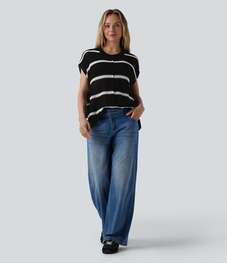 Rounded Neck Sleeveless Stripe Casual Jumper