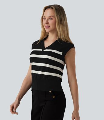 Gilet tailleur col V à rayures color block