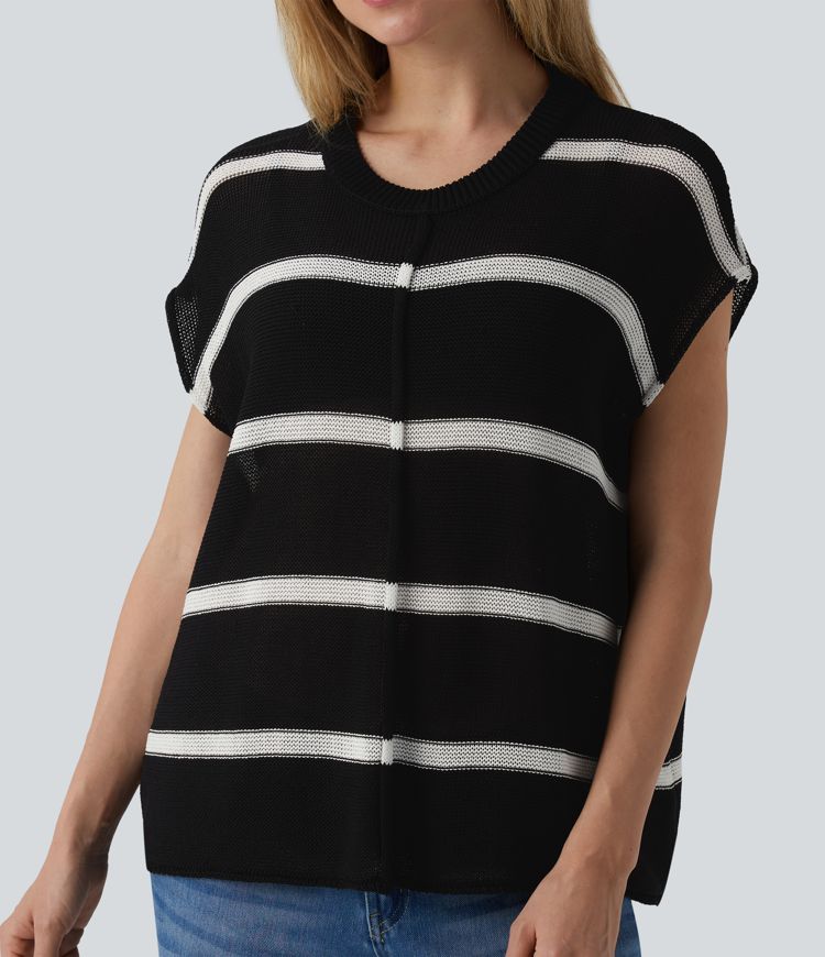 Rounded Neck Sleeveless Stripe Casual Jumper
