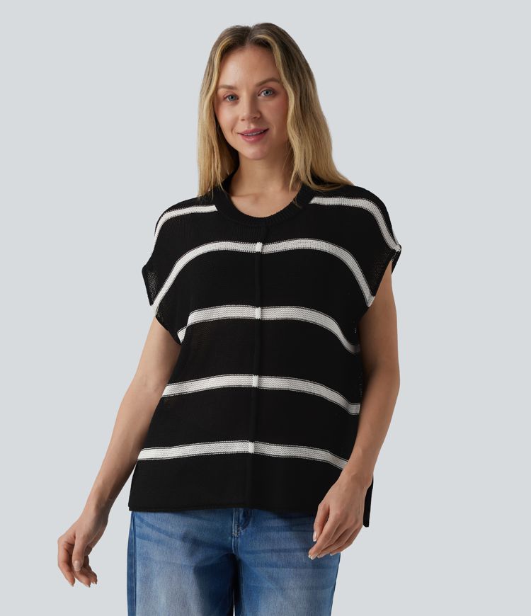 Rounded Neck Sleeveless Stripe Casual Jumper