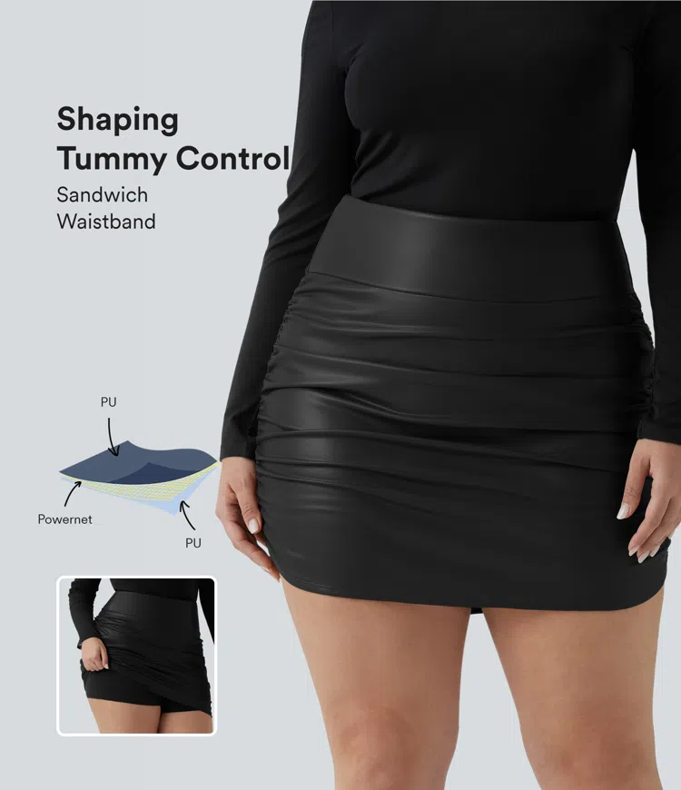 High Waisted Tummy Control Ruched Curved Hem 2-in-1 Fleece PU Mini Bodycon Party Plus Size Skirt