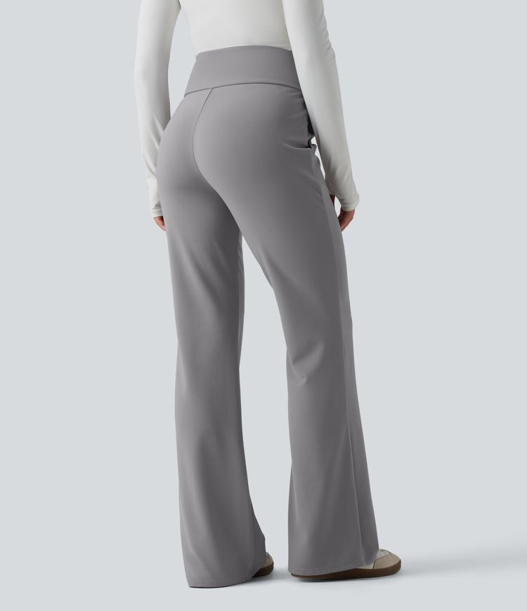 Lässige Flare-Hose mit hohem Bund, Seitentaschen, Bauchkontrolle, Kordelzug und Waffelstruktur