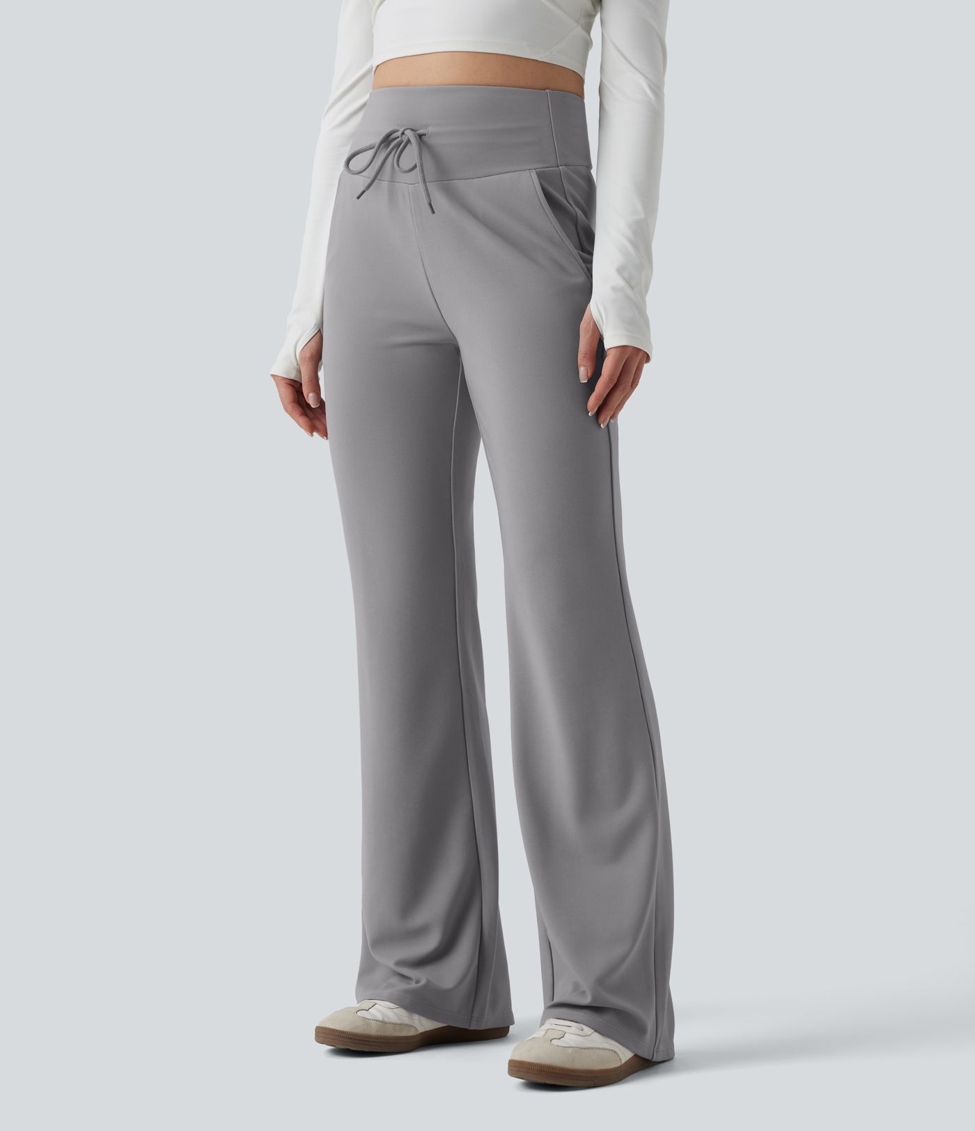 Lässige Flare-Hose mit hohem Bund, Seitentaschen, Bauchkontrolle, Kordelzug und Waffelstruktur