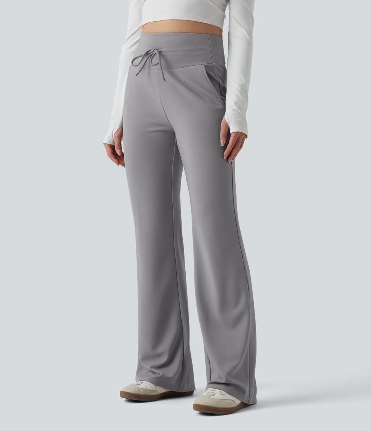 Lässige Flare-Hose mit hohem Bund, Seitentaschen, Bauchkontrolle, Kordelzug und Waffelstruktur