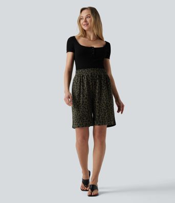 High Waisted Leopard Print Casual Bermuda Shorts with Pockets High Waisted Leopard Print Casual Bermuda Shorts with Pockets