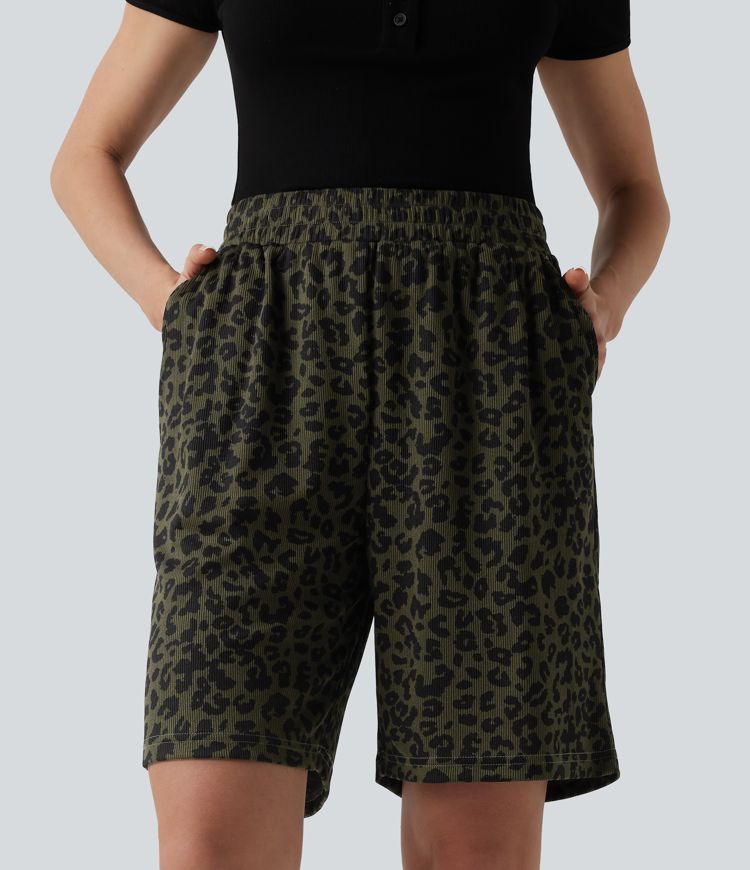 High Waisted Leopard Print Casual Bermuda Shorts with Pockets High Waisted Leopard Print Casual Bermuda Shorts with Pockets