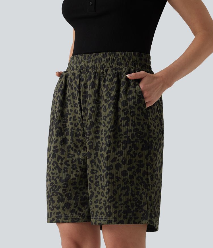 High Waisted Leopard Print Casual Bermuda Shorts with Pockets High Waisted Leopard Print Casual Bermuda Shorts with Pockets