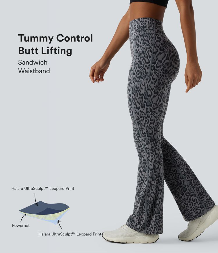 Halara UltraSculpt™ - Bootcut-Yoga-Leggings mit hohem Bund, Seitentaschen, Bauchkontrolle, Booty-Scrunch und Leopardenmuster - Po-Lifting