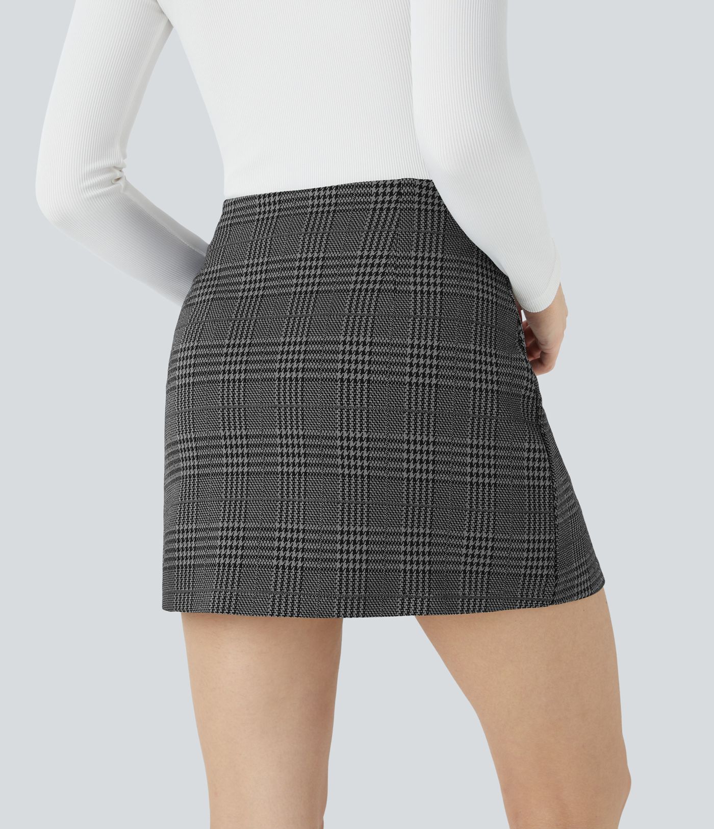 High Waisted 2-in-1 Houndstooth Plaid Mini Work Skirt