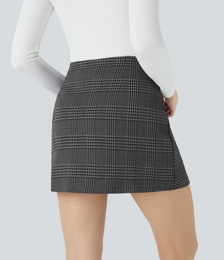 High Waisted 2-in-1 Houndstooth Plaid Mini Work Skirt