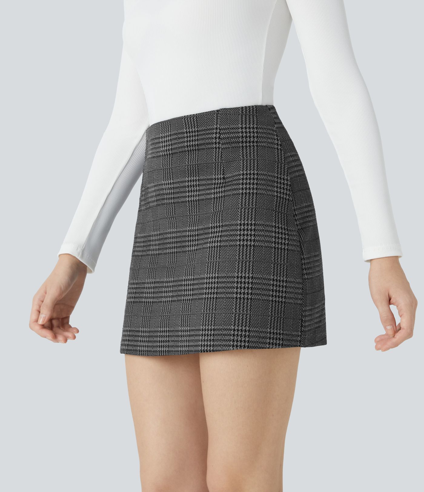 High Waisted 2-in-1 Houndstooth Plaid Mini Work Skirt