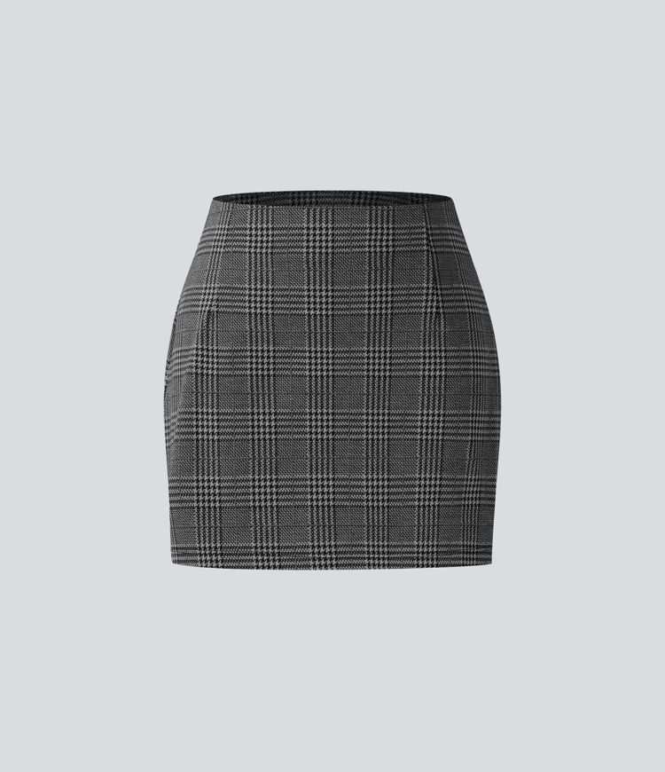 High Waisted 2-in-1 Houndstooth Plaid Mini Work Skirt