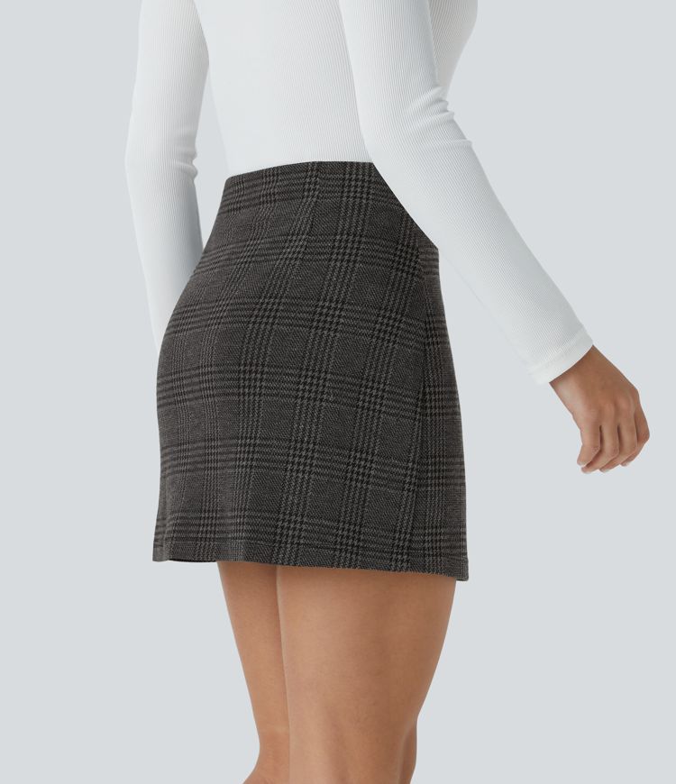 High Waisted 2-in-1 Houndstooth Plaid Mini Work Skirt