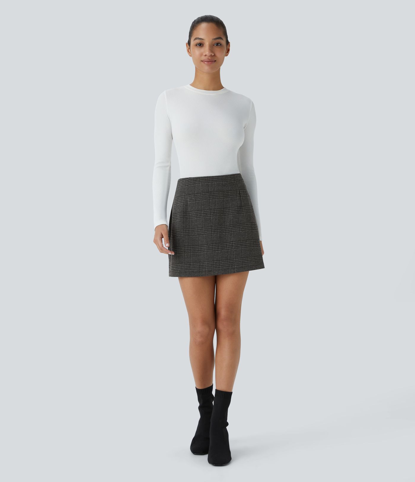 High Waisted 2-in-1 Houndstooth Plaid Mini Work Skirt