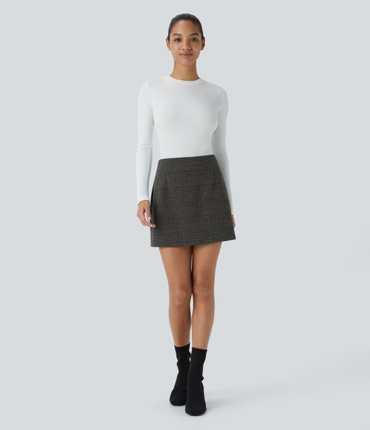 High Waisted 2-in-1 Houndstooth Plaid Mini Work Skirt