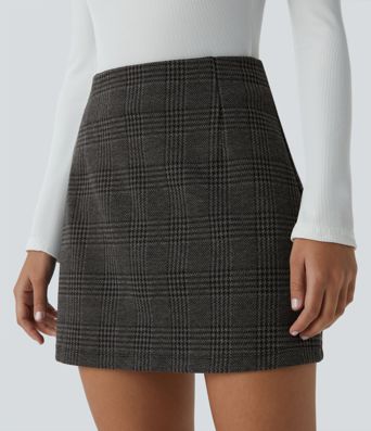 High Waisted 2-in-1 Houndstooth Plaid Mini Work Skirt