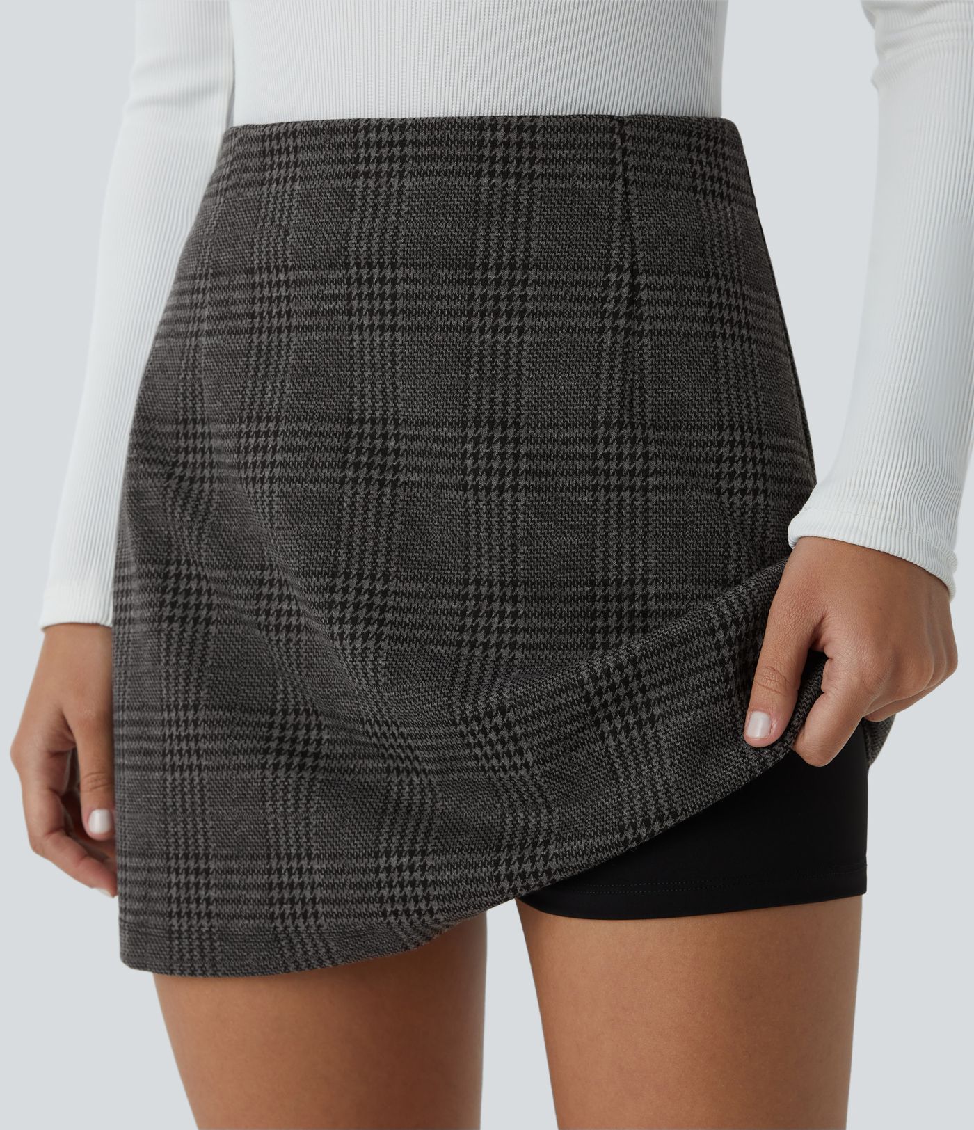 High Waisted 2-in-1 Houndstooth Plaid Mini Work Skirt
