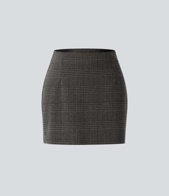 High Waisted 2-in-1 Houndstooth Plaid Mini Work Skirt