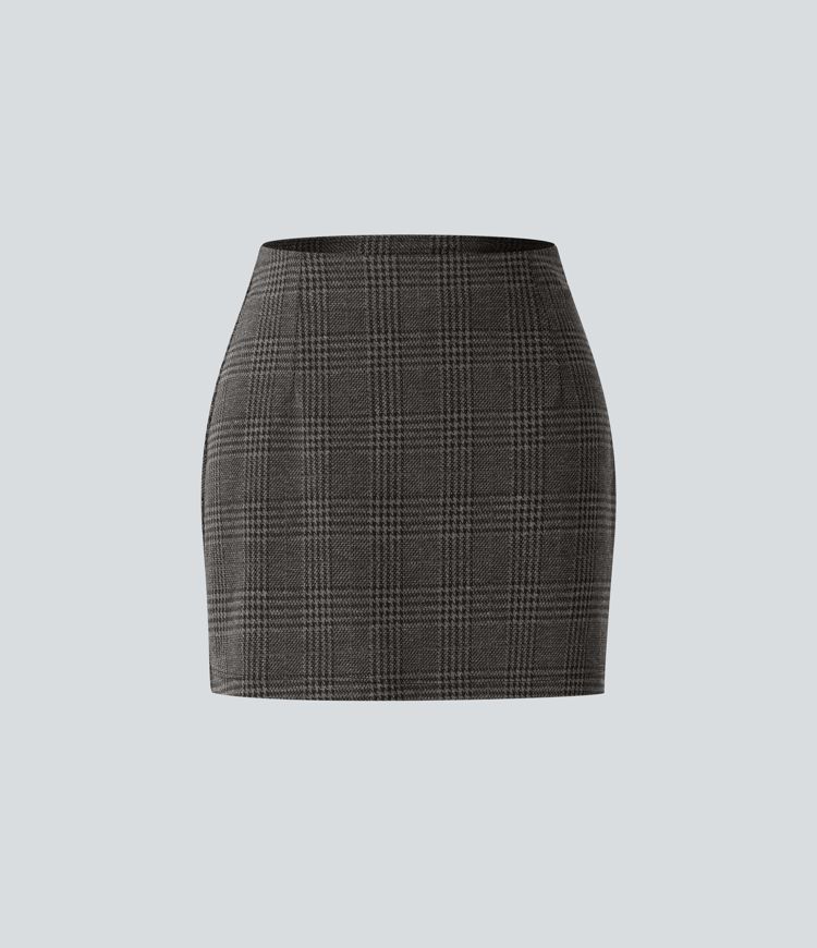 High Waisted 2-in-1 Houndstooth Plaid Mini Work Skirt