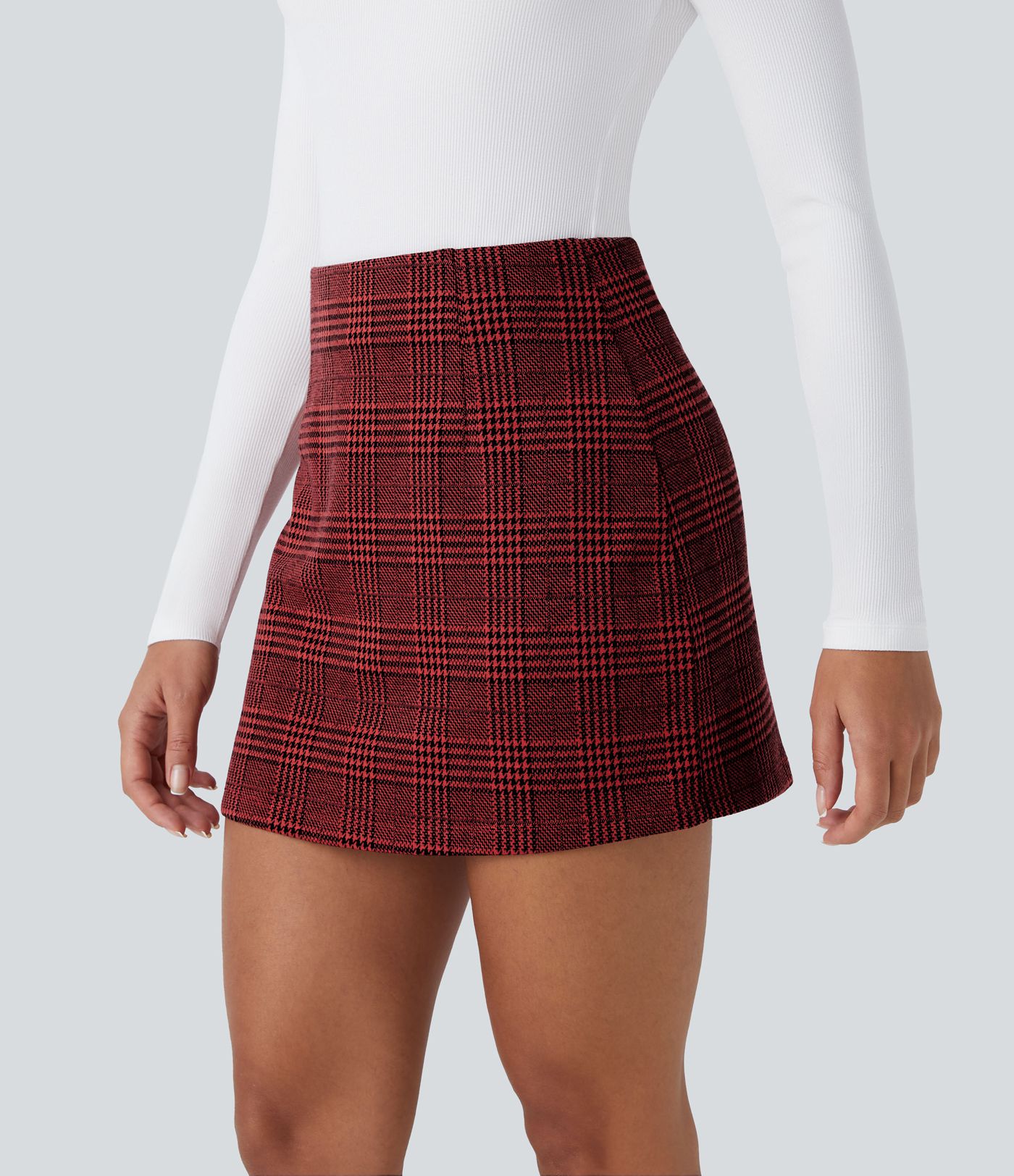 Falda Corta de Trabajo de Cintura Alta 2 en 1 de Pata de Gallo a Cuadros