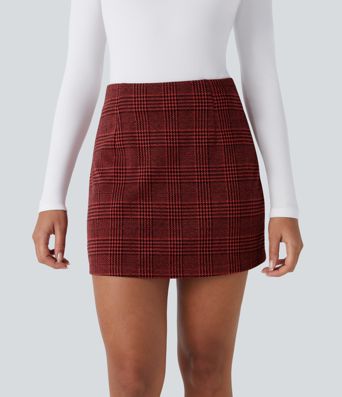 Falda Corta de Trabajo de Cintura Alta 2 en 1 de Pata de Gallo a Cuadros