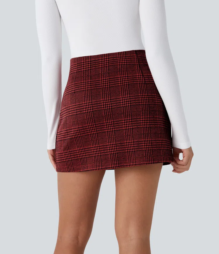 Burgundy Houndstooth Pattern 2-in-1-Mini-Arbeitsrock mit hohem Bund und Karomuster / 2