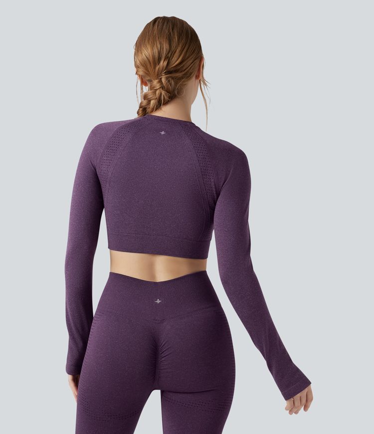 Seamless Flow Round Neck Long Sleeve Thumb Hole Cropped Yoga Sports Top