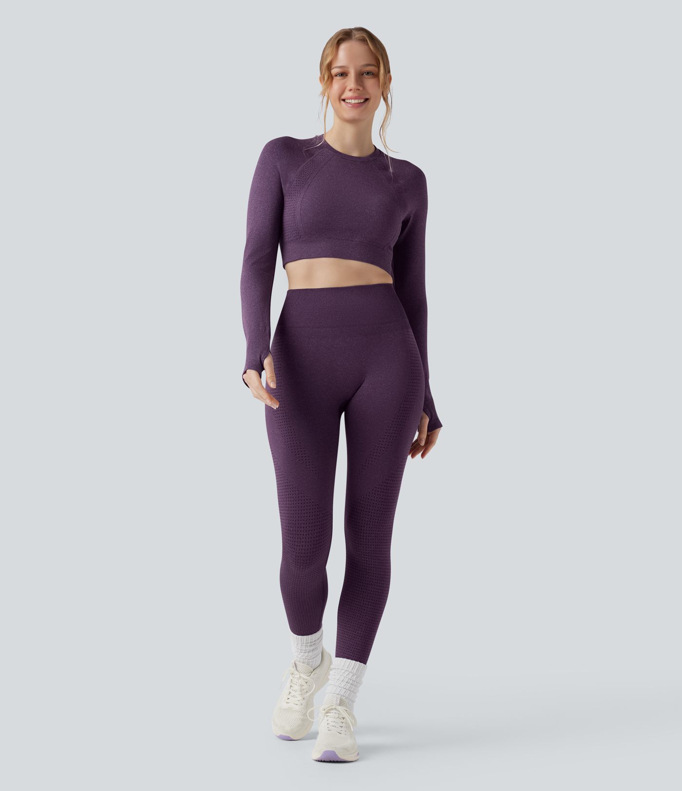 Seamless Flow Round Neck Long Sleeve Thumb Hole Cropped Yoga Sports Top