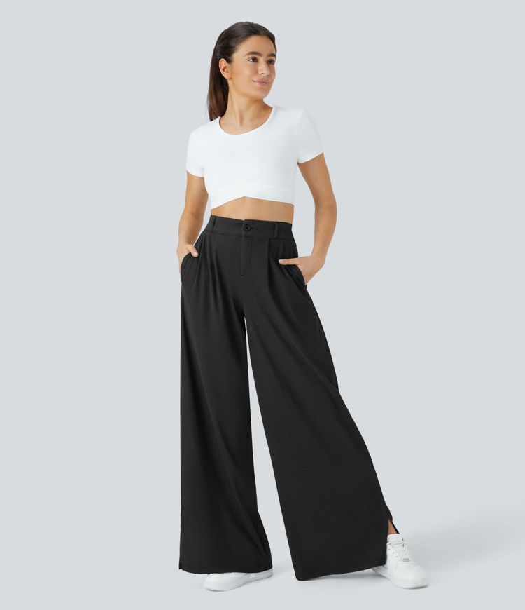 Pantalón ancho tiro alto plisado bolsillo lateral dobladillo dividido cremallera botón