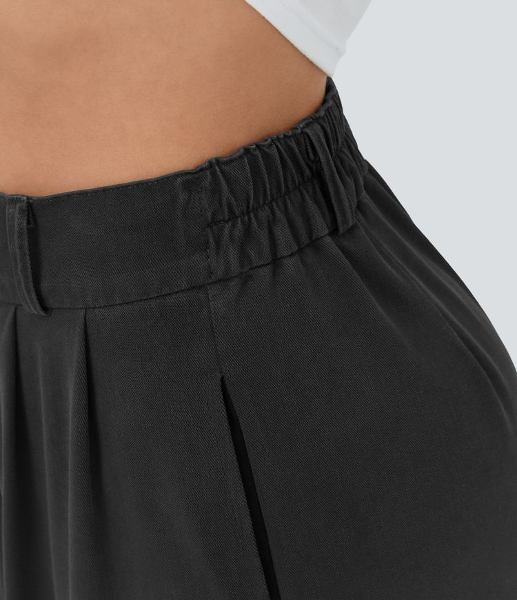 Pantalón ancho tiro alto plisado bolsillo lateral dobladillo dividido cremallera botón