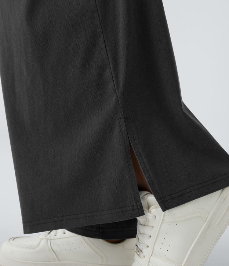 Pantalón ancho tiro alto plisado bolsillo lateral dobladillo dividido cremallera botón