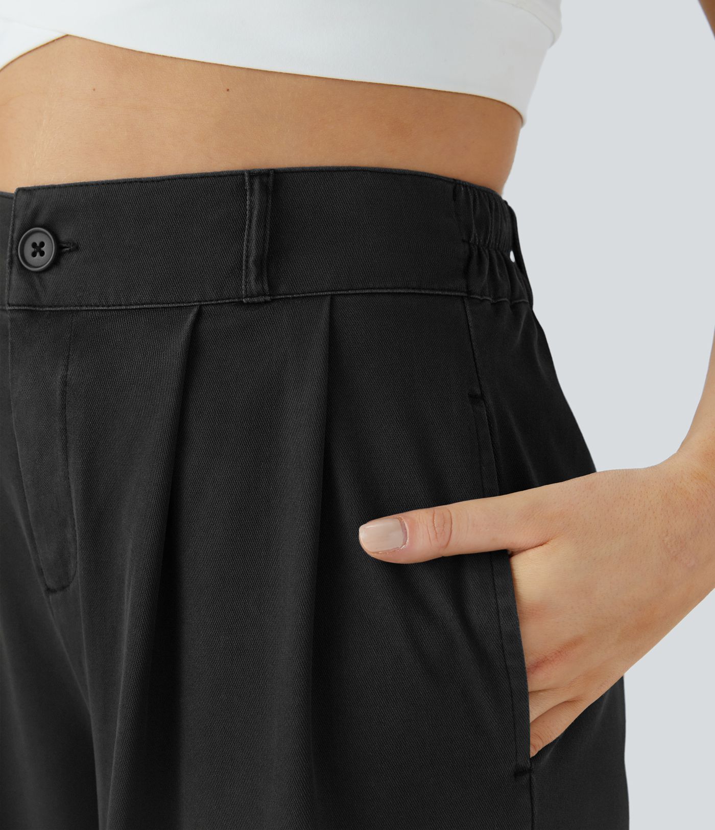 Pantalón ancho tiro alto plisado bolsillo lateral dobladillo dividido cremallera botón