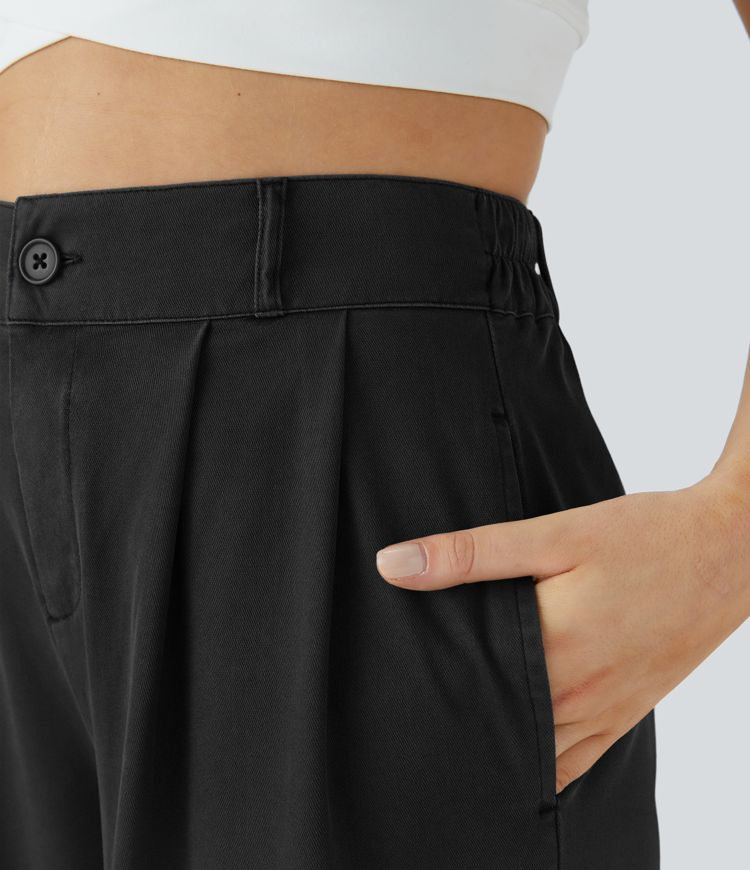 Pantalón ancho tiro alto plisado bolsillo lateral dobladillo dividido cremallera botón