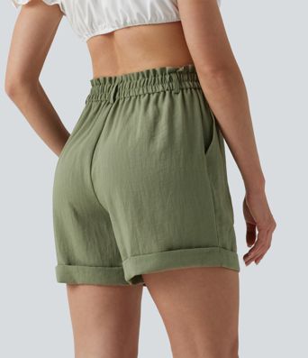 Short resort 12,5 cm taille haute effet lin avec ourlet roulotté et poches Short resort 12,5 cm taille haute effet lin avec ourlet roulotté et poches
