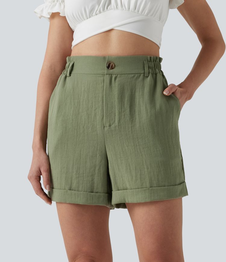Short resort 12,5 cm taille haute effet lin avec ourlet roulotté et poches