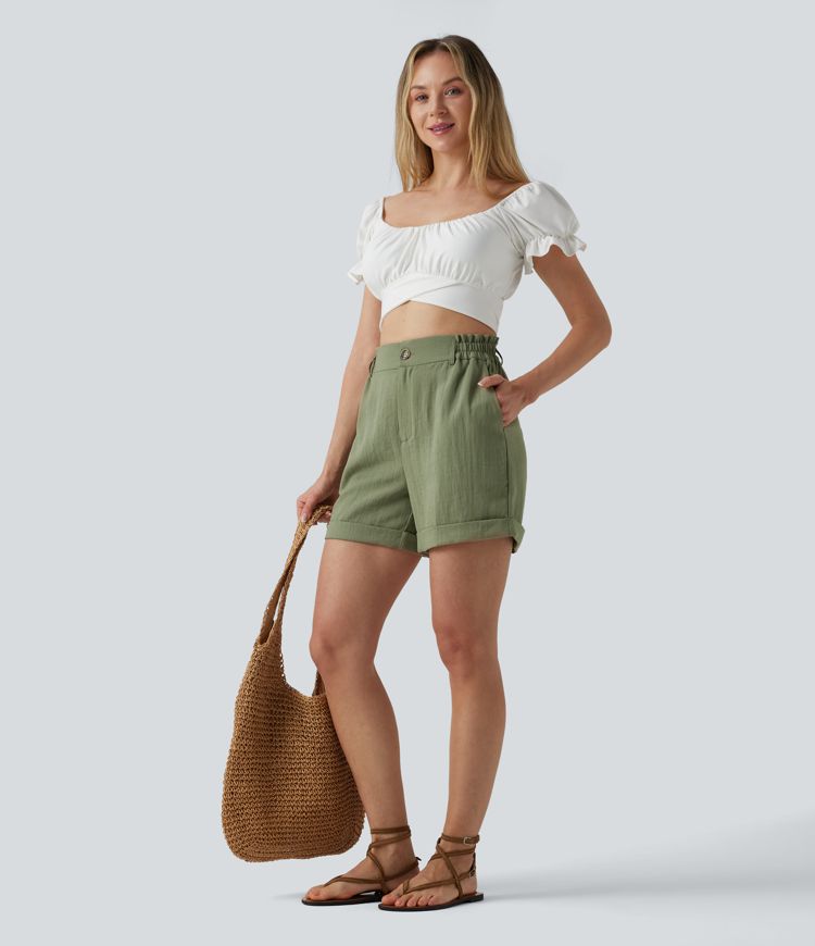 Short resort 12,5 cm taille haute effet lin avec ourlet roulotté et poches Short resort 12,5 cm taille haute effet lin avec ourlet roulotté et poches