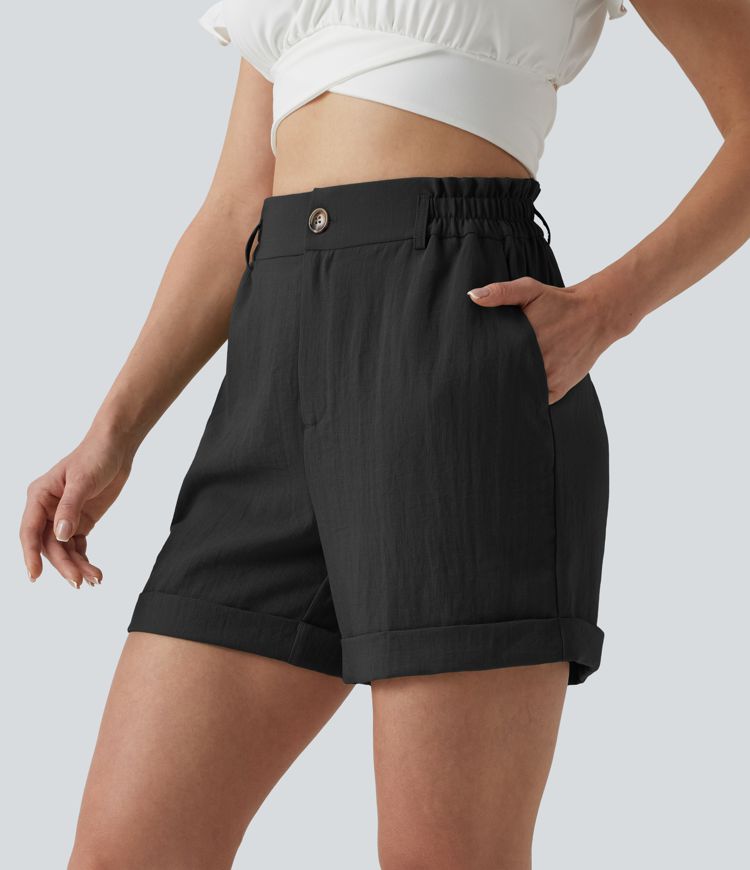 High Waisted Rolled Hem Linen-Feel Resort Shorts 5'' with Pockets