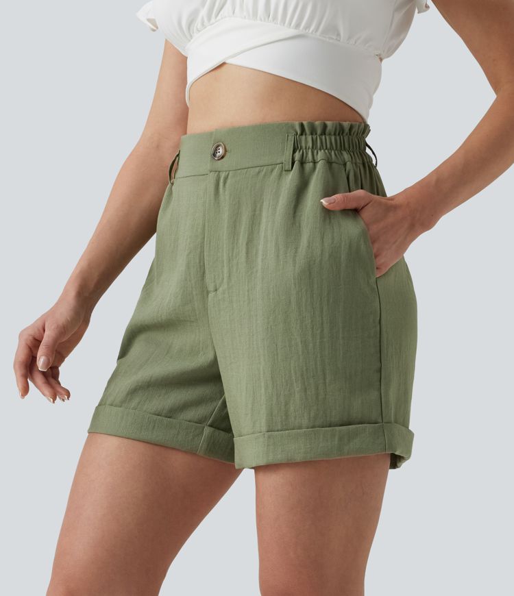 Short resort 12,5 cm taille haute effet lin avec ourlet roulotté et poches Short resort 12,5 cm taille haute effet lin avec ourlet roulotté et poches