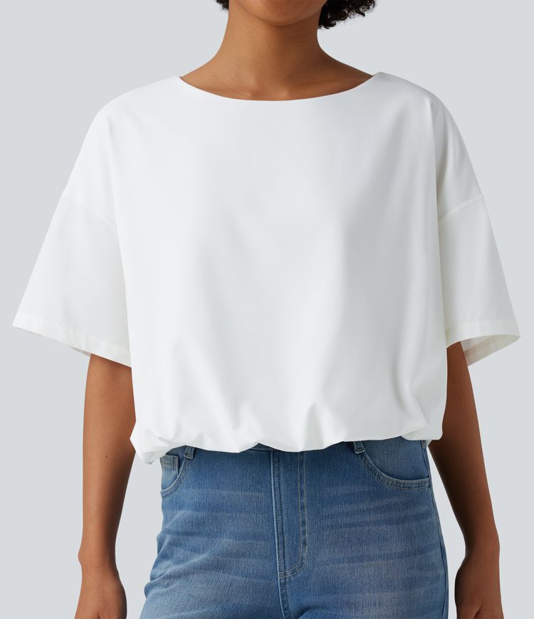 Durable Water Repellent Round Neck Short Sleeve Bubble Hem Casual Top