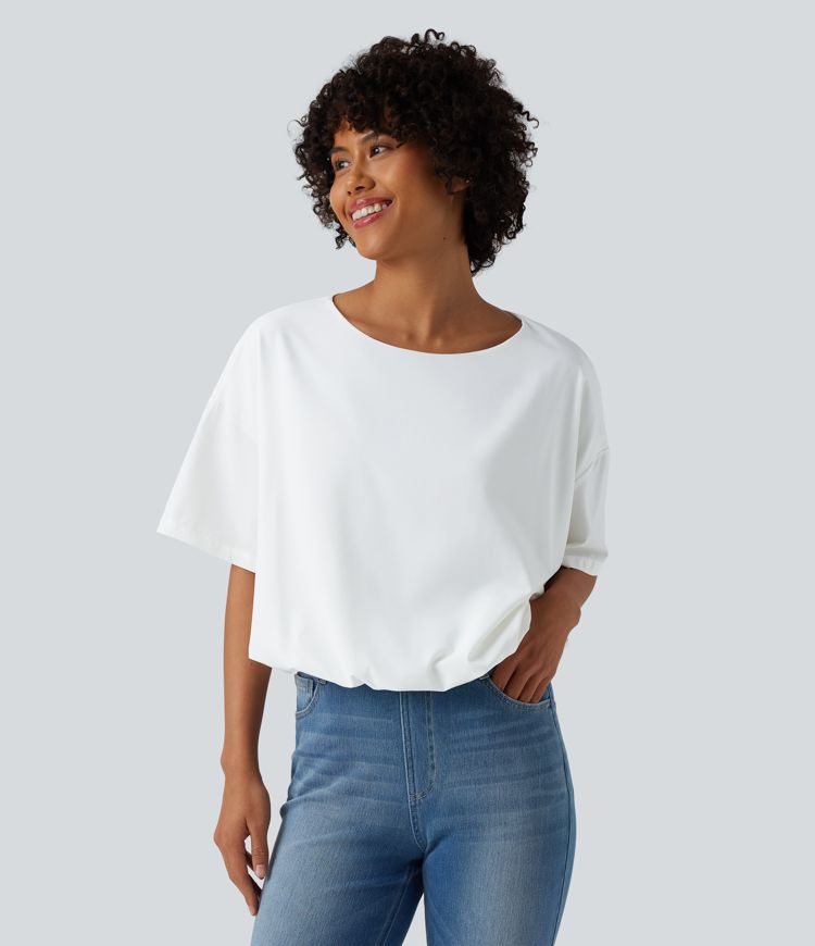 Durable Water Repellent Round Neck Short Sleeve Bubble Hem Casual Top