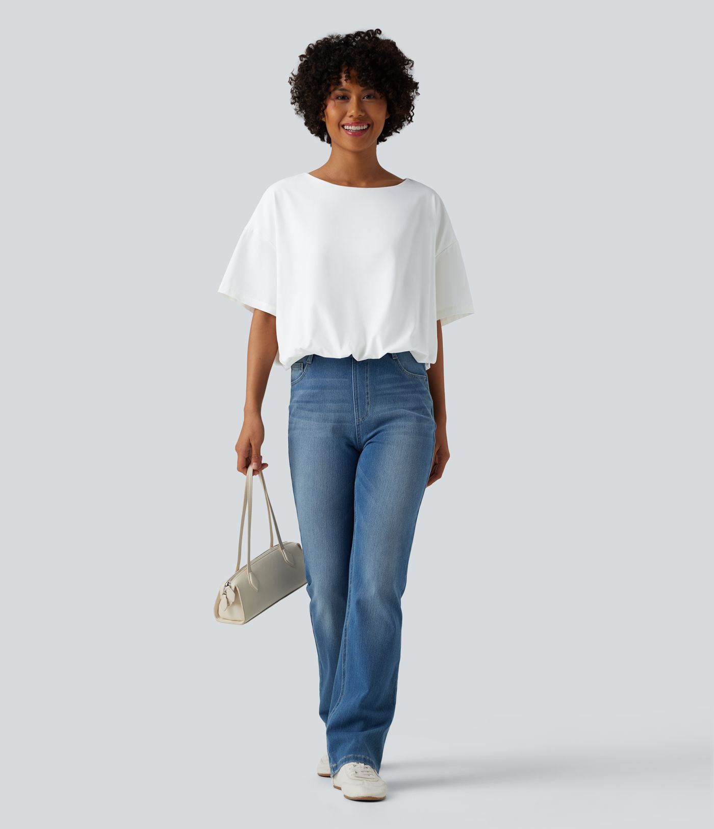 Durable Water Repellent Round Neck Short Sleeve Bubble Hem Casual Top