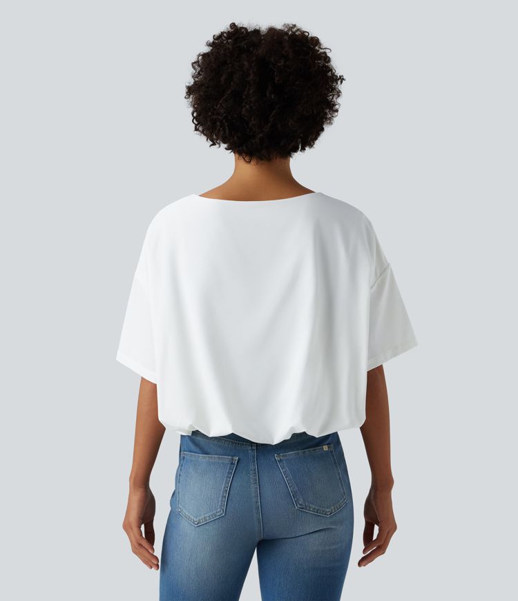 Durable Water Repellent Round Neck Short Sleeve Bubble Hem Casual Top